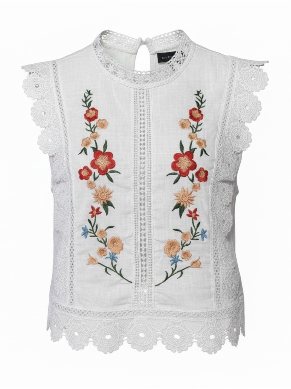 SHEIN White Lace Trim Floral Embroidered Crop Top